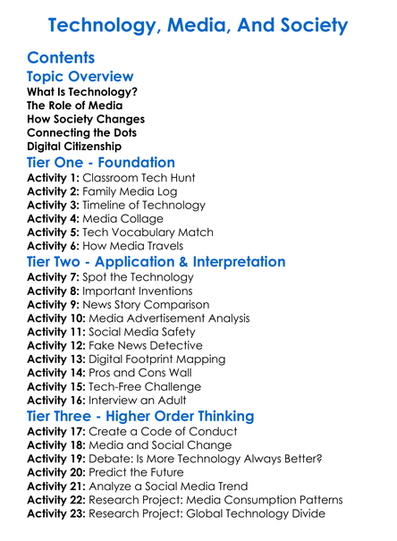 Technology Media And Society Worksheet Activity Booklet