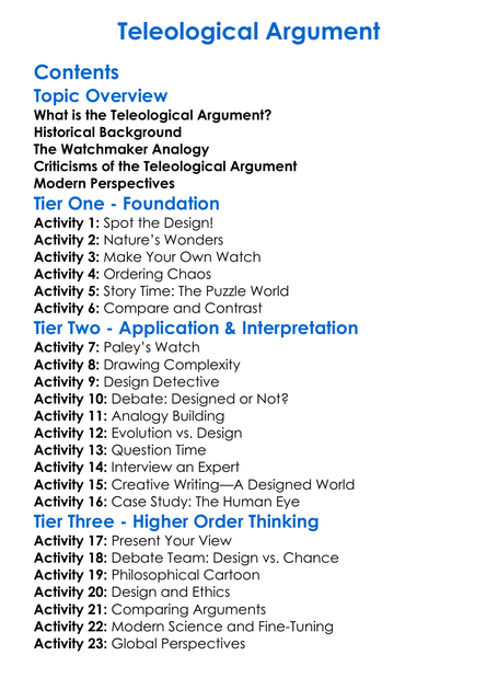 Teleological Argument Worksheet Activity Booklet