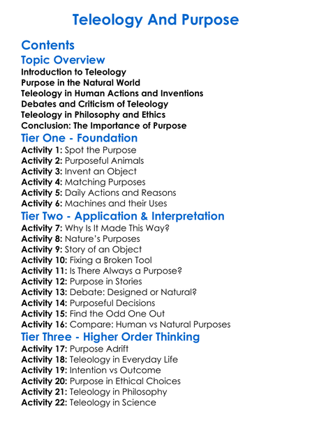 Teleology And Purpose Worksheet Activity Booklet