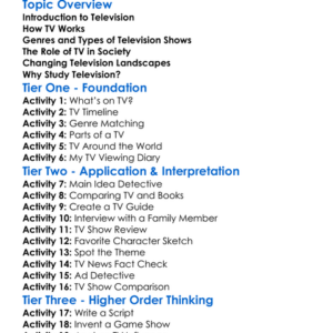 Television Studies Worksheet Activity Booklet