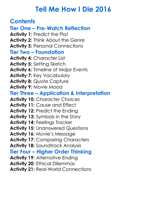 Tell Me How I Die 2016 Worksheet Activity Booklet