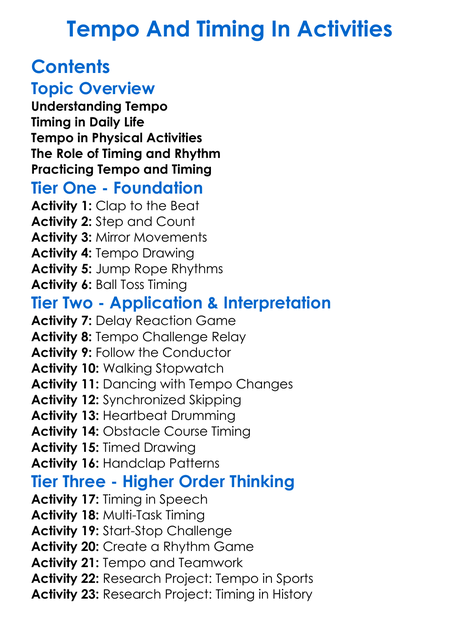 Tempo And Timing In Activities Worksheet Activity Booklet
