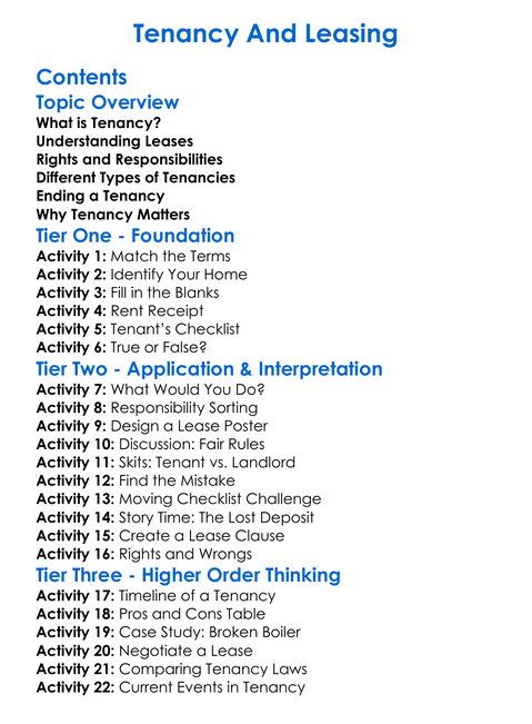 Tenancy And Leasing Worksheet Activity Booklet
