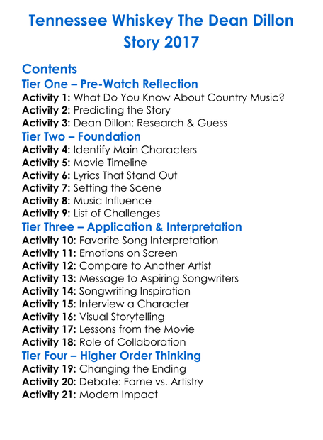 Tennessee Whiskey The Dean Dillon Story 2017 Worksheet Activity Booklet