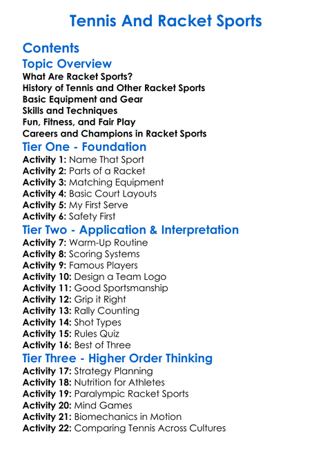 Tennis And Racket Sports Worksheet Activity Booklet