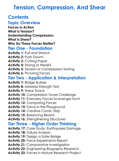 Tension Compression And Shear Worksheet Activity Booklet