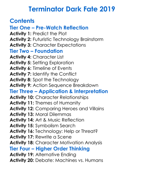 Terminator Dark Fate 2019 Worksheet Activity Booklet