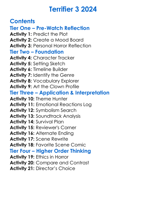 Terrifier 3 2024 Worksheet Activity Booklet