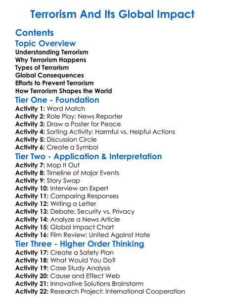 Terrorism And Its Global Impact Worksheet Activity Booklet