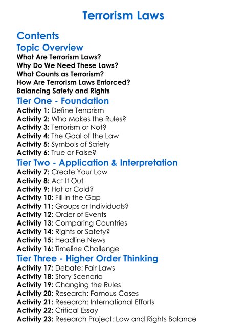 Terrorism Laws Worksheet Activity Booklet