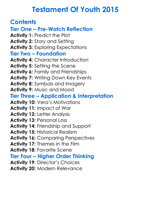 Testament Of Youth 2015 Worksheet Activity Booklet