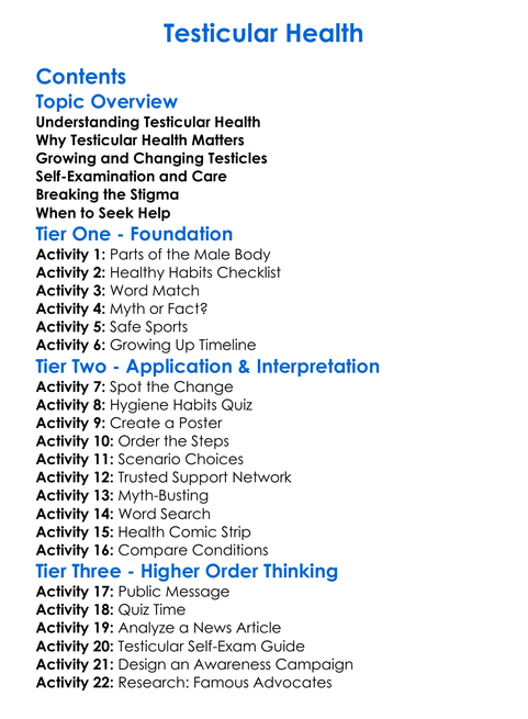 Testicular Health Worksheet Activity Booklet