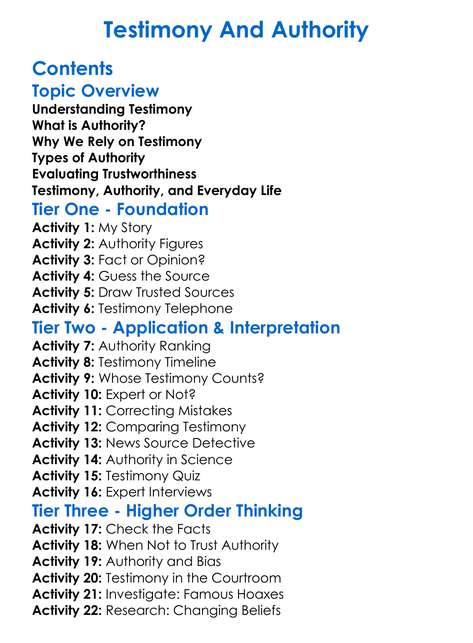 Testimony And Authority Worksheet Activity Booklet