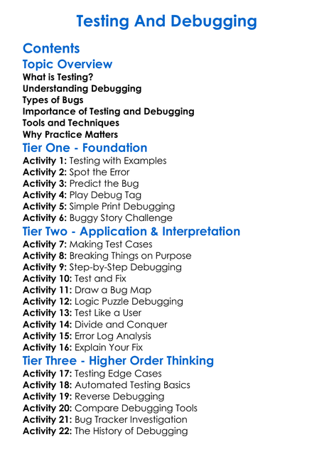 Testing And Debugging Worksheet Activity Booklet