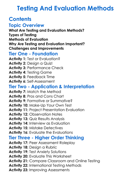 Testing And Evaluation Methods Worksheet Activity Booklet