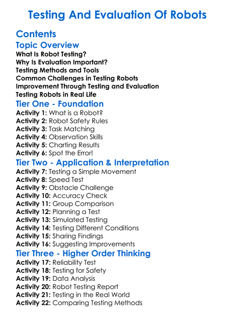 Testing And Evaluation Of Robots Worksheet Activity Booklet