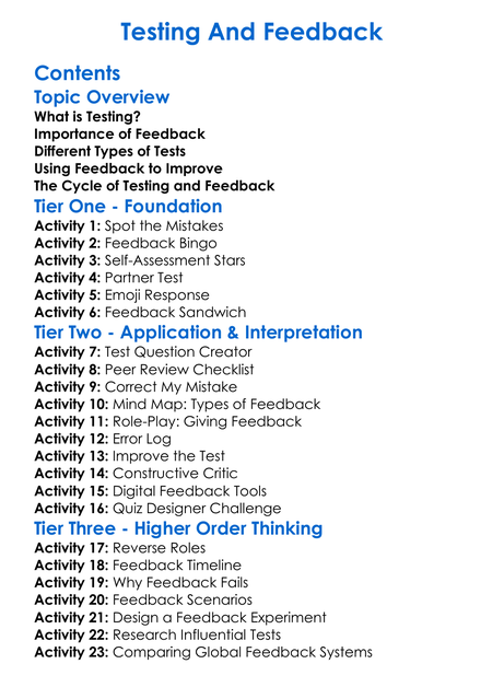 Testing And Feedback Worksheet Activity Booklet