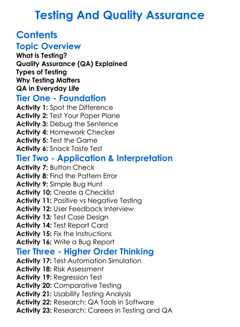 Testing And Quality Assurance Worksheet Activity Booklet