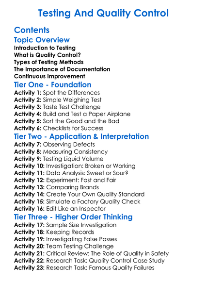 Testing And Quality Control Worksheet Activity Booklet