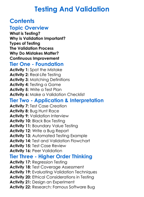 Testing And Validation Worksheet Activity Booklet