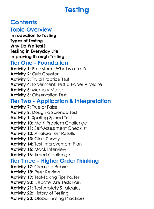 Testing Worksheet Activity Booklet