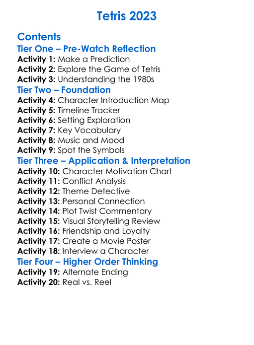 Tetris 2023 Worksheet Activity Booklet