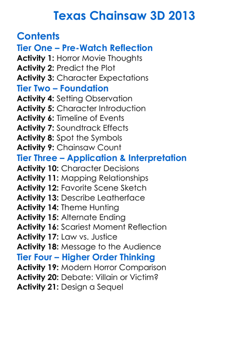 Texas Chainsaw 3D 2013 Worksheet Activity Booklet