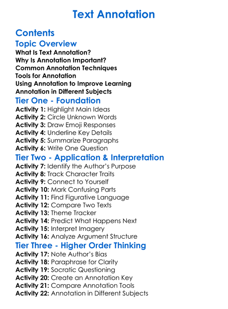 Text Annotation Worksheet Activity Booklet