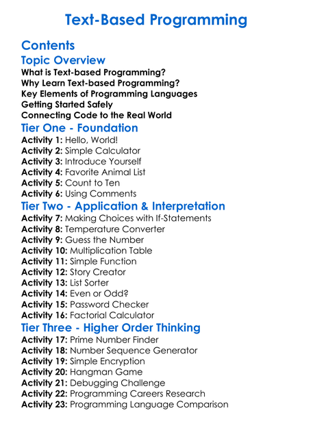 Text-Based Programming Worksheet Activity Booklet
