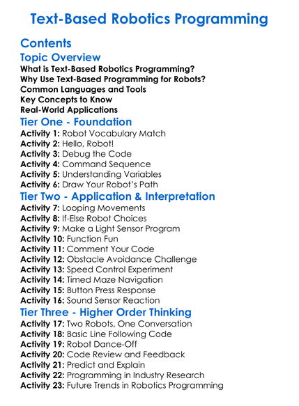 Text-Based Robotics Programming Worksheet Activity Booklet