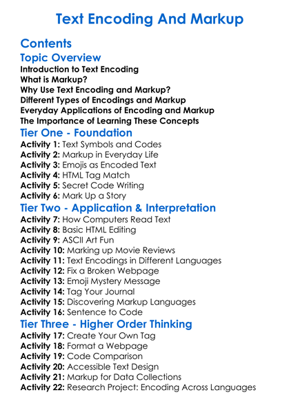 Text Encoding And Markup Worksheet Activity Booklet
