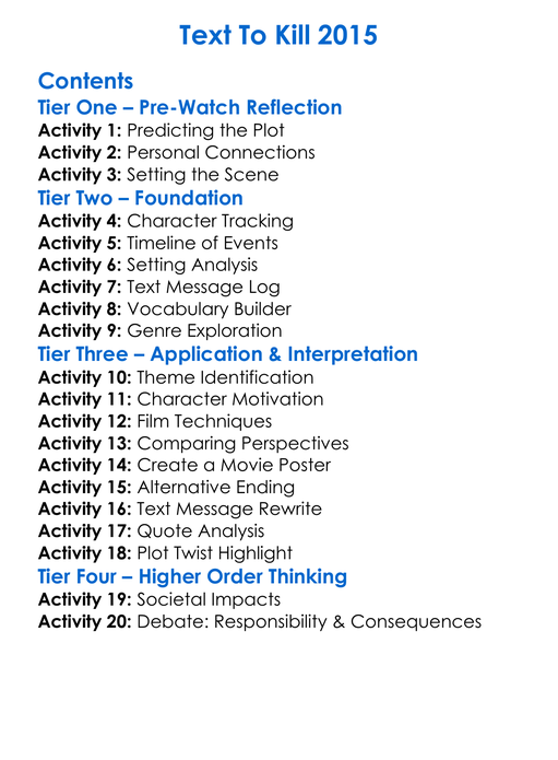 Text To Kill 2015 Worksheet Activity Booklet