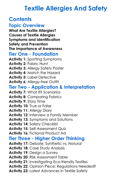 Textile Allergies And Safety Worksheet Activity Booklet