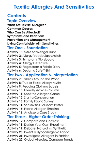 Textile Allergies And Sensitivities Worksheet Activity Booklet