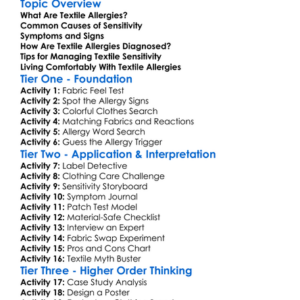 Textile Allergy And Sensitivity Worksheet Activity Booklet