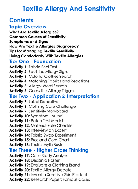 Textile Allergy And Sensitivity Worksheet Activity Booklet