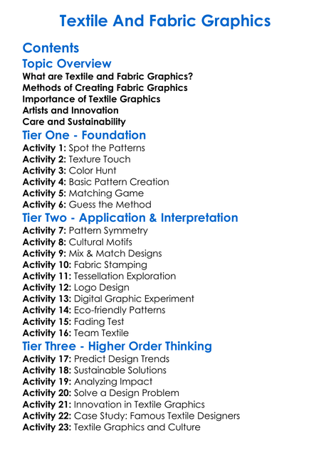 Textile And Fabric Graphics Worksheet Activity Booklet