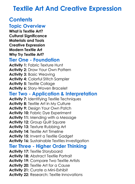 Textile Art And Creative Expression Worksheet Activity Booklet