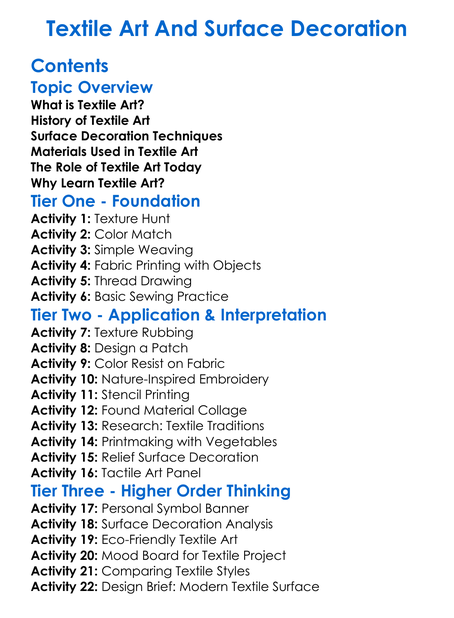 Textile Art And Surface Decoration Worksheet Activity Booklet