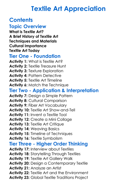 Textile Art Appreciation Worksheet Activity Booklet