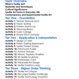 Textile Art Forms Worksheet Activity Booklet