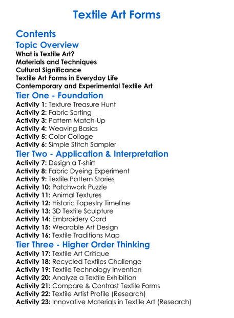 Textile Art Forms Worksheet Activity Booklet
