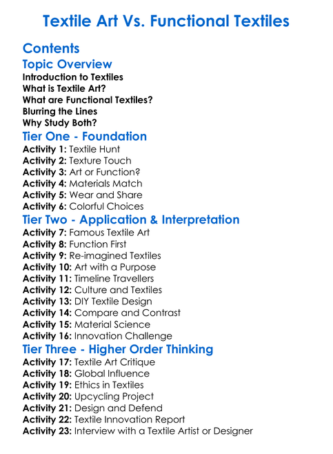 Textile Art Vs Functional Textiles Worksheet Activity Booklet