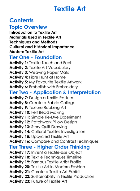 Textile Art Worksheet Activity Booklet