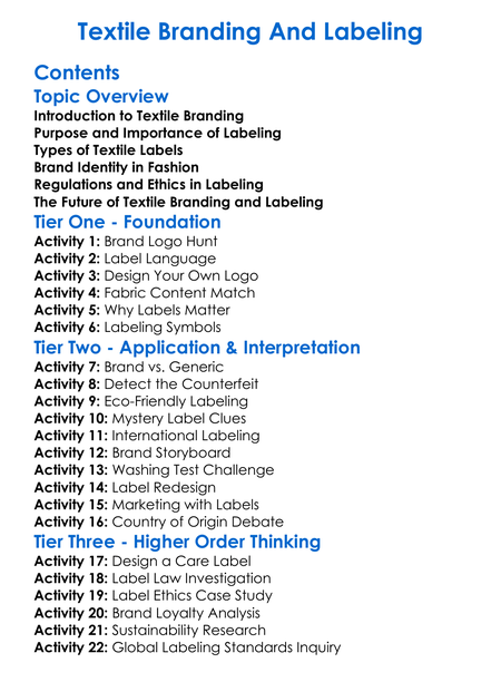 Textile Branding And Labeling Worksheet Activity Booklet