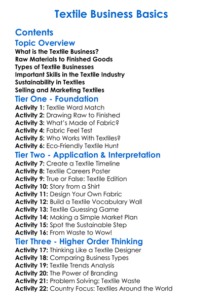Textile Business Basics Worksheet Activity Booklet