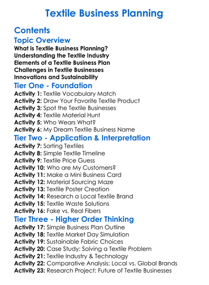 Textile Business Planning Worksheet Activity Booklet