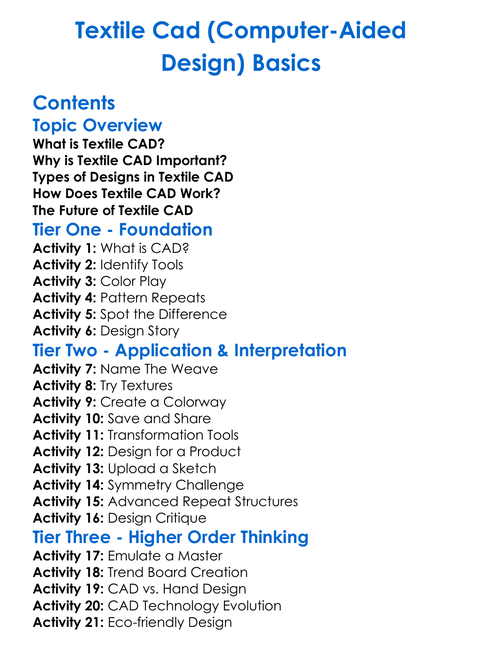 Textile Cad Computer-Aided Design Basics Worksheet Activity Booklet