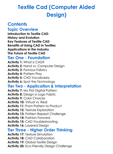 Textile Cad Computer Aided Design Worksheet Activity Booklet