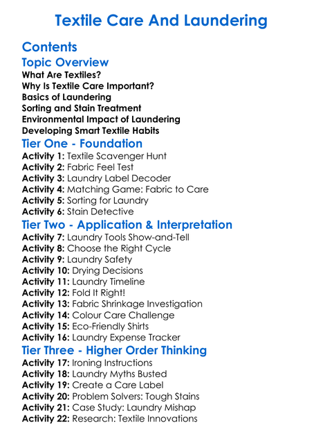 Textile Care And Laundering Worksheet Activity Booklet
